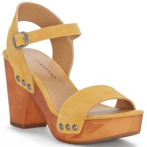 Lucky Brand Trisa Wood Heels Suede Nubuck Leather Sandals Clogs Hasbeens Mustard